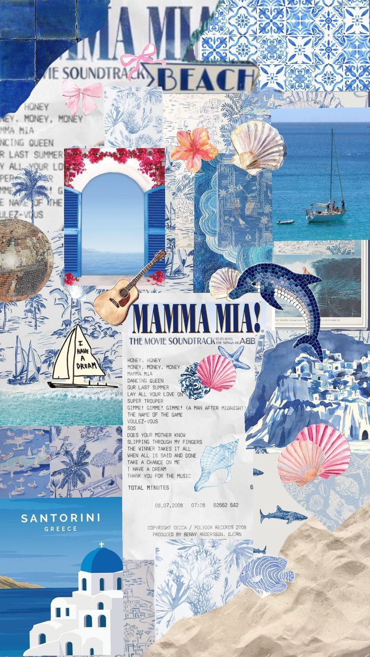 Collage de inspiración Mamma Mia: mar, guitarra, veleros